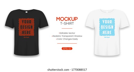 T-shirt realistic mockup in white and black color. 3d template of tee shirt with short sleeve. Basic editable mockup in front view with shadow for presentation, advertising or online store. Vector.