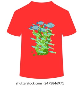 Camiseta color rojo que tiene bajo el agua peces y flores