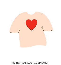 T-shirt with red heart print. Flat vector illustration.