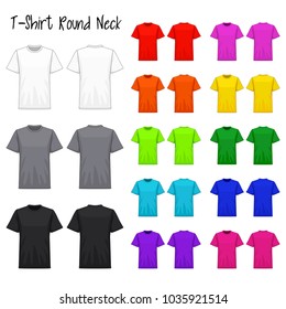 T-Shirt round neck color collection set for your design , mockup advertising , blank for printing , vector illustration , whit black grey red orange yellow green blue purple pink color