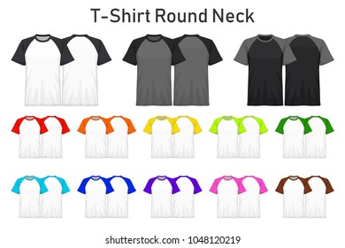 T-Shirt round neck color collection set for your design , mockup advertising , blank for printing , vector illustration , white black grey red orange yellow green blue purple pink brown color