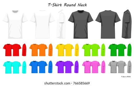 T-Shirt round neck color collection set for your design , mockup advertising , blank for printing , vector illustration , whit black grey red orange yellow green blue purple pink color