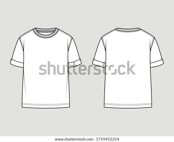 T-shirt round neck. Oversize fit, rolled up\
sleeve. Vector technical\
sketch