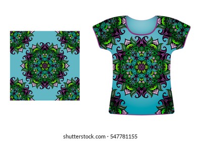  T-shirt with seamless circular oriental pattern  on blue background