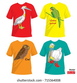 T-shirt set, birds print for t shirt - green parrot, owl, pelican  front  view. Vector  illustration.