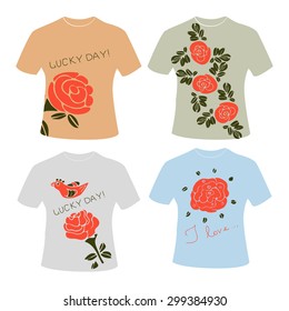 T-Shirt. Set. Blue, green, gray, orange. T-shirt with a picture of roses. Sketch. Doodle