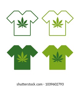 T-shirt set with Cannabis leaf emblem. T shirt designs with marijuana motifs. Isolated vector illustration on white background.