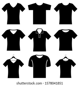 T-shirt set icons, logo isolated on white background. T-shirt with V-neck, on the hanger, Polo