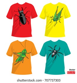 T-shirt set, insects  print for t shirt - spider, beetle, locust  front  view. Vector eps 10 illustration.
