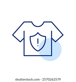 Tshirt, shield and exclamation mark. Flammable clothes warning. Hazardous laundry detergents. Pixel perfect, editable stroke icon