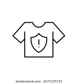 Tshirt, shield and exclamation mark. Flammable clothes warning. Hazardous laundry detergents. Pixel perfect vector icon