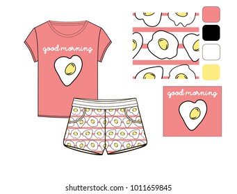 t-shirt and short set printed in scrambled eggs technical sketch