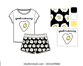 t-shirt and short set printed in scrambled eggs technical sketch