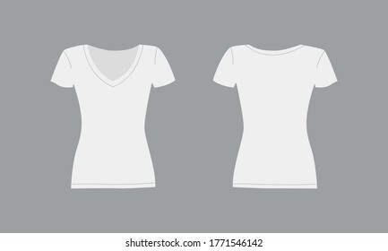 T-shirt with short sleeve for women. Basic mock up in front and back view. Template female clothing on gray background. Vector illustration
