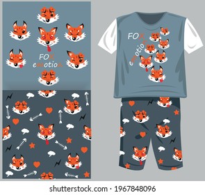 T-shirt and shorts for children with cute fox print. Fox emotion pattern. Pattern with cute fox faces for children. Vector illustration.