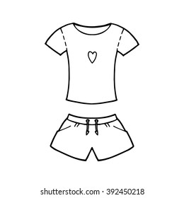 T-shirt and shorts, comfortable home clothes, contour drawing on a white background.