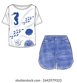 t-shirt and shorts design. sea creatures print, fashion design, pattern design and more