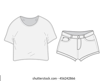 T-shirt and shorts set sketch, swag style. Clothes, hand-drawing, doodle style. Women suit. vector illustration.