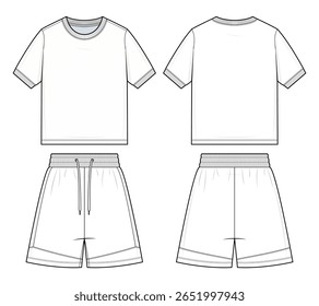 Men’s T-Shirt and Shorts Set Technical Fashion Flat. Relaxed Fit Crew Neck Tee and Drawstring Shorts Vector Template. Front and Back design. CAD Mockup Set.