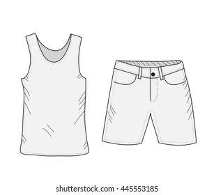 T-shirt and shorts sketch set. Things in the style of hand drawing. Summer clothes casual style. Tank top and shorts mockup. Vector illustration
