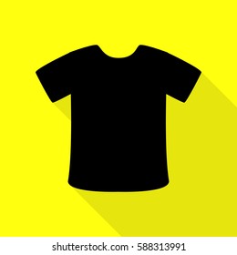 T-shirt sign. Black icon with flat style shadow path on yellow background.