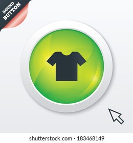 T-shirt sign icon. Clothes symbol. Green shiny button. Modern UI website button with mouse cursor pointer. Vector