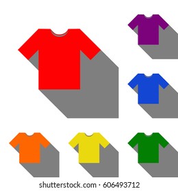 T-shirt sign illustration. Set of red, orange, yellow, green, blue and violet icons at white background with flat shadow.
