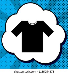 T-shirt sign illustration. Vector. Black icon in bubble on blue pop-art background with rays.