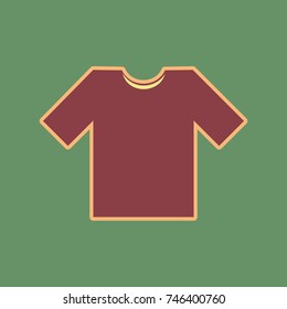 T-shirt sign illustration. Vector. Cordovan icon and mellow apricot halo with light khaki filled space at russian green background.