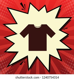 T-shirt sign illustration. Vector. Dark red icon in lemon chiffon shutter bubble at red popart background with rays.