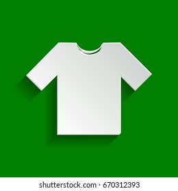 T-shirt sign illustration. Vector. Paper whitish icon with soft shadow on green background.