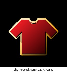 T-shirt sign illustration. Vector. Red icon with small black and limitless shadows at golden sticker on black background.