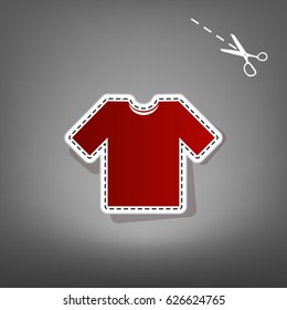 T-shirt sign illustration. Vector. Red icon with for applique from paper with shadow on gray background with scissors.