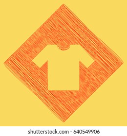T-shirt sign illustration. Vector. Red scribble icon obtained as a result of subtraction rhomb and path. Royal yellow background.