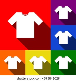 T-shirt sign illustration. Vector. Set of icons with flat shadows at red, orange, yellow, green, blue and violet background.