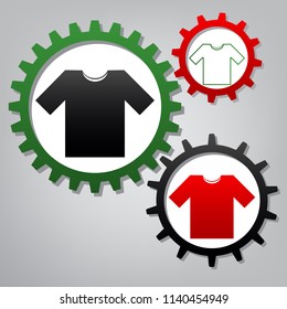 T-shirt sign illustration. Vector. Three connected gears with icons at grayish background.