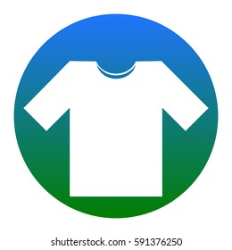 T-shirt sign illustration. Vector. White icon in bluish circle on white background. Isolated.