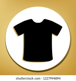 T-shirt sign. Vector. Black icon with light brown shadow in white circle with shaped ring at golden background.