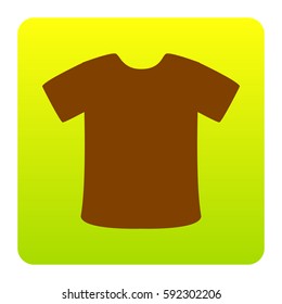 T-shirt sign. Vector. Brown icon at green-yellow gradient square with rounded corners on white background. Isolated.