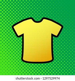 T-shirt sign. Vector. Pop art orange to yellow dots-gradient icon with black contour at greenish background.