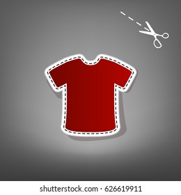 T-shirt sign. Vector. Red icon with for applique from paper with shadow on gray background with scissors.