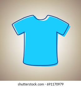 T-shirt sign. Vector. Sky blue icon with defected blue contour on beige background.