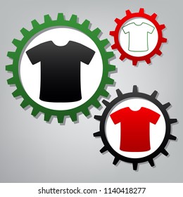 T-shirt sign. Vector. Three connected gears with icons at grayish background.