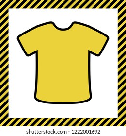 T-shirt sign. Vector. Warm yellow icon with black contour in frame named as under construction at white background. Isolated.