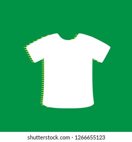 T-shirt sign. Vector. White flat icon with yellow striped shadow at green background.