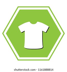 T-shirt sign. Vector. White icon with black shadow at yellow green honeycomb on white background.