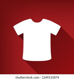 T-shirt sign. Vector. White icon with limitless shadow at ruby red background.