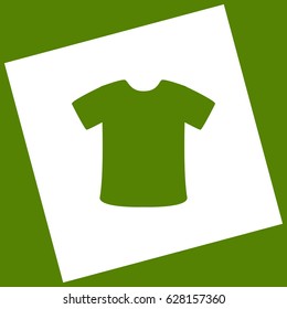 T-shirt sign. Vector. White icon obtained as a result of subtraction rotated square and path. Avocado background.