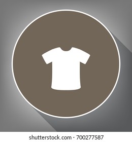 T-shirt sign. Vector. White icon on brown circle with white contour and long shadow at gray background. Like top view on postament.