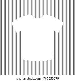T-shirt sign. Vector. White icon on grayish striped background. Optical illusion.